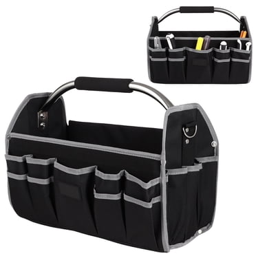 16-inch Foldable Tool Bag, Open Top Tote Bag, Fabric Tool Bag, 16-inch Wide Mouth Tool Bag, 21 Pocket Tool Bag with Removable Shoulder Strap for Tool Organization and Storage