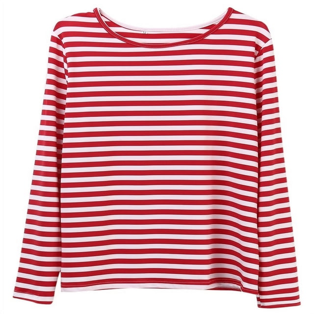 T-shirt Décontracté pour Femme à Rayures Rouges et Blanches à Manches Longues en Coton, Coupe Ample, Basique, Col Rond, Hauts Tee, Chandails d'Automne