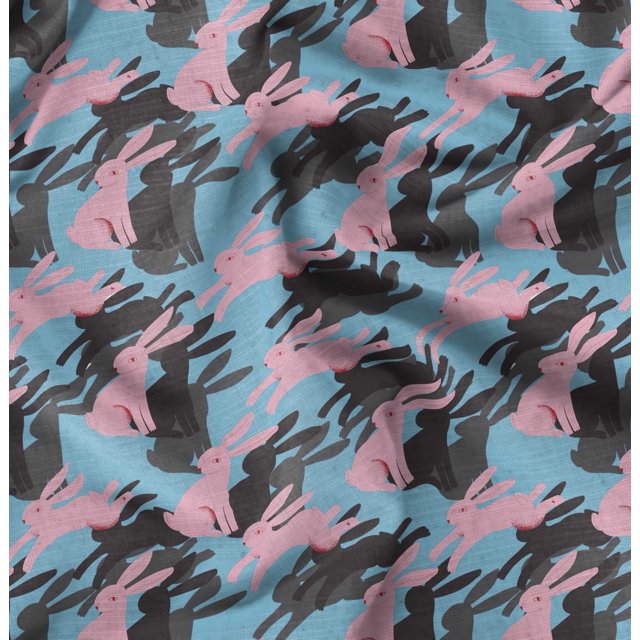 Soimoi Blue Silk Fabric Bunny Rabbit Animal Print Fabric by the Yard 42 Inch Wide