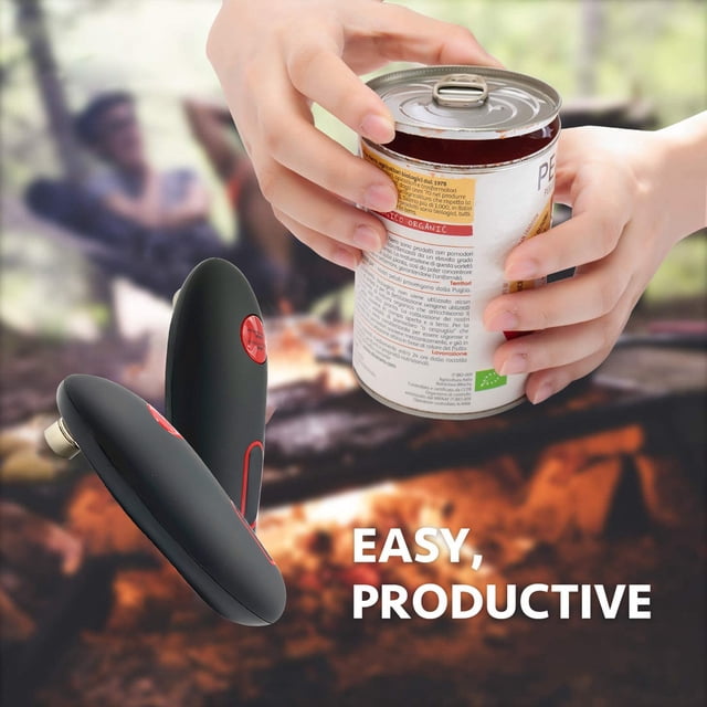 Electric can opener for seniors with a smooth edge design, shown in a black and red finish. The device is battery-operated and ergonomically designed for easy one-touch operation, suitable for opening various can sizes. The image features a person holding a can near the opener, with a blurred outdoor background and the text 'Easy, Productive' displayed.