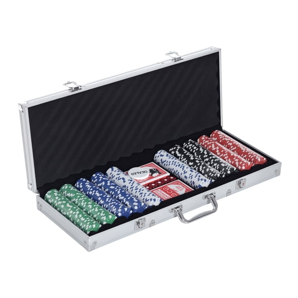 Soozier Ensemble de 500 Pcs de Jetons de Poker avec Étui de Transport en Aluminium Argenté, Jetons Rayés Multicolores de 11,5 g, 5 dés, 2 Jeux de Cartes et Bouton du Dealer pour Salle de Jeux et Divertissement à la Maison