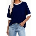 thumbnail image 4 of Staron Plus Size T-Shirts for Women Casual Patchwork Color Round Neck Short Sleeve Loose Comfy Basic Spring Summer Top, Navy XXL, 4 of 4
