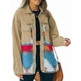 thumbnail image 3 of Women'S Loose Lapel Long-Sleeved Denim Patchwork Jacket Retro Raw Edge Mid-Length Jacket Khaki M, 3 of 6
