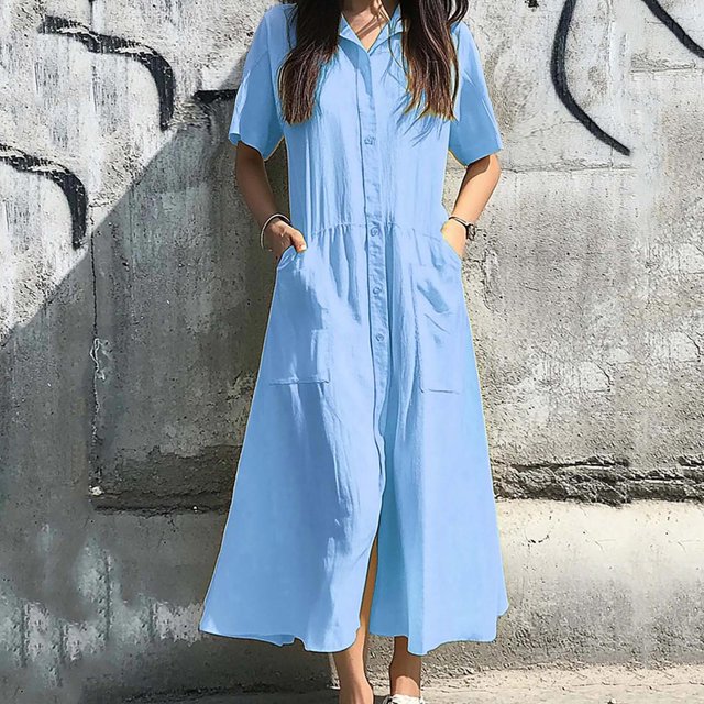 Ovzne Robes Grande Taille pour Femmes aux Formes Robe pour Femme Cardigan Long Décontracté à Manches Courtes avec Poches Robe Chemise Multicolore Robe pour Femmes à Manches Courtes Liquidation