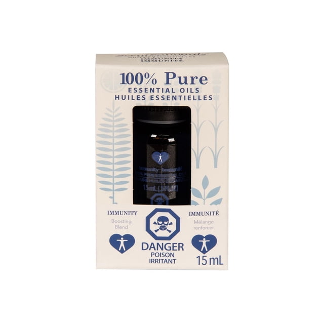 ScentSationals 100% Essential Oil - Immunity in a 15 mL dark glass bottle with child-proof cap, packaged in a white box with blue botanical illustrations and bilingual English-French text, featuring a poison warning symbol, suitable for aromatherapy to support immune health.