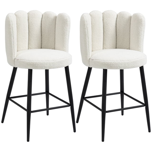 HOMCOM Bar Stools Set of 2, Counter Height Barstools with Back in cream color. These modern bar stools feature soft faux cashmere upholstery with thick foam padding, a scalloped backrest design, and sturdy black steel legs with a footrest. Dimensions are 20.5 inches wide, 19.7 inches deep, and 36.6 inches high, with a seat height of 25.6 inches. Suitable for bar table heights of 37.4 inches. Weight capacity is 264 lbs.