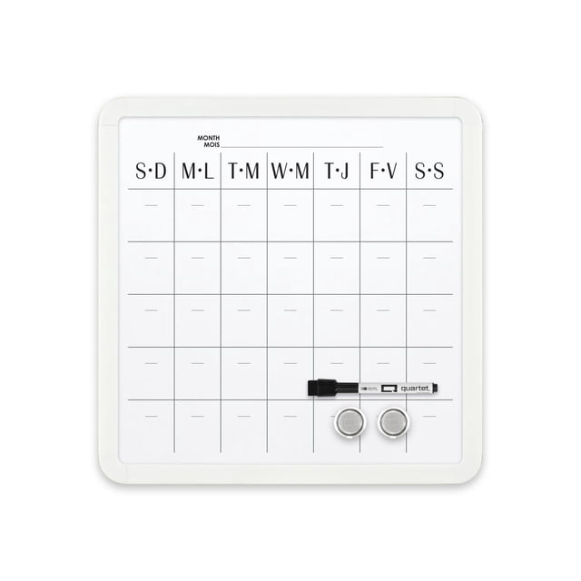 Quartet Plastic Frame 14"x14" dry erase calendar board with magnetic monthly grid labeled in English and French, includes two magnets and a black dry erase marker with magnetic eraser cap, white plastic frame with adhesive tape for easy hanging, suitable for office or home use and often used as a bulletin board.