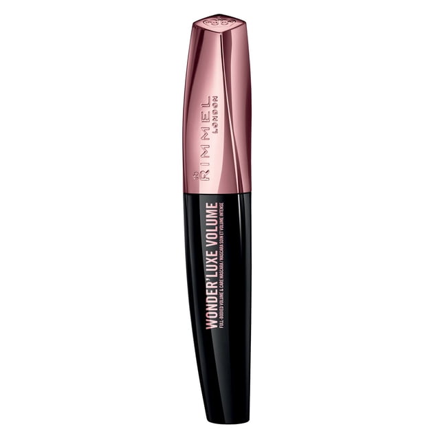 Rimmel Wonder'Luxe Volume Mascara in a black tube with metallic rose gold cap embossed with Rimmel London logo, featuring soft pink text. Infused with argan, maracuja, marula, and camellia oils for smooth, voluminous lashes with a long-lasting, smudge-proof finish.