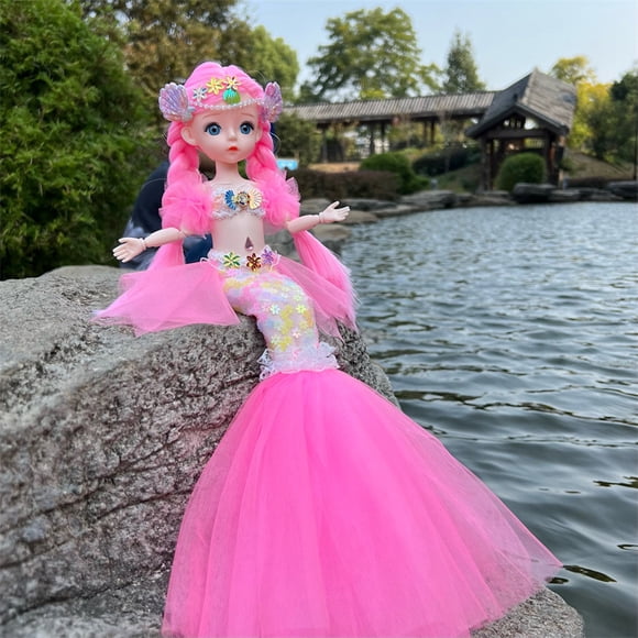 Sophia Mermaid Princess Doll - 45cm Tall with 11 Movable Joints, 3D Real Eyes, Rainbow Skirt, Crown & Earrings, Fairy/Mermaid Transform Outfits, Long Stylable Hair, Durable ABS Plastic, Ages 3