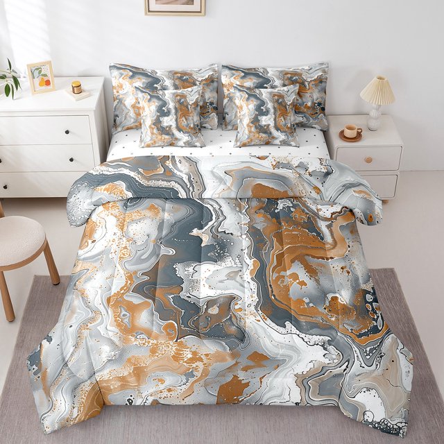 YST Grey Marble 7-Piece Comforter Set, Gray Navy Watercolor Bedding, Lightweight, Full Size