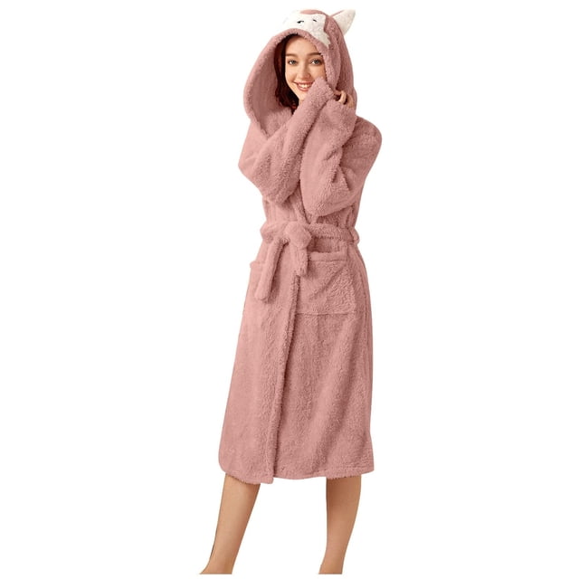 Teissuly Peignoirs pour Femmes Mode Allongé Garder au Chaud Col à Revers Même Style Pyjama à Capuche Uni Manches Longues Nuisette