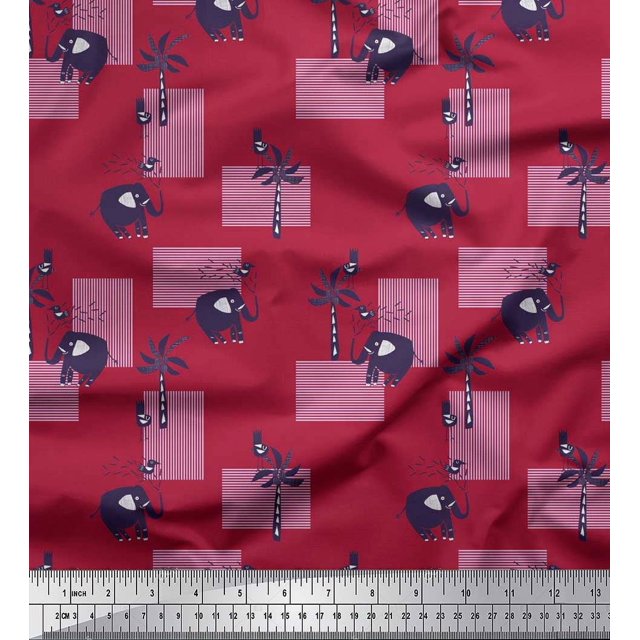 Soimoi Poly Crepe Fabric Bird,Coconut Tree & Elephant Kids Decor Fabric Printed Yard 52 Inch Wide