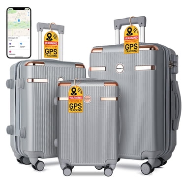 IMGadgets Go Luggage Ensemble de 3 Pcs (Argent) / ABS Polycarbonate Léger et Durable / Roues Pivotantes Doubles 4x à 360° / Serrure Approuvée TSA / 3 Étiquettes Intelligentes GPS Mondiales / Conception Spacieuse / Poignée en Fer Rétractable
