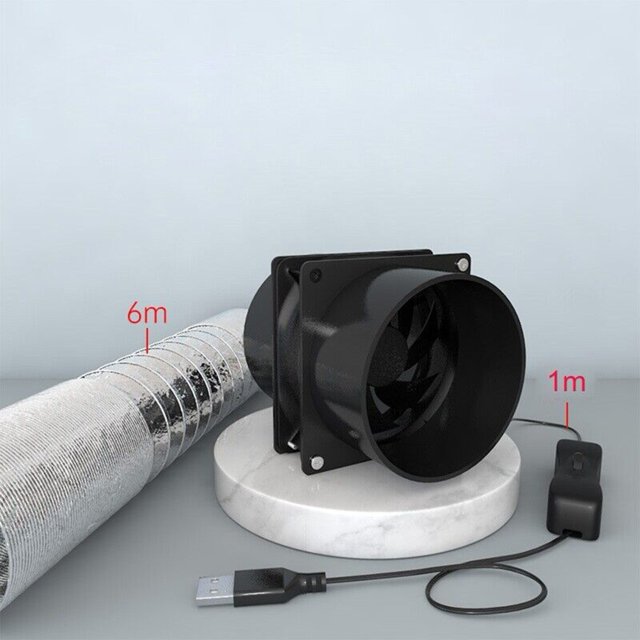 Efficient USB Solder Smoke Absorber ESD Fume Extractor Fan for Air Circulation, featuring a black fan unit with ducting options of 6m and 1m lengths. The fan is USB-powered for portability and is designed to remove harmful fumes, ideal for soldering and improving air circulation in workspaces. Displayed on a marble base with a coiled duct and USB cable visible.