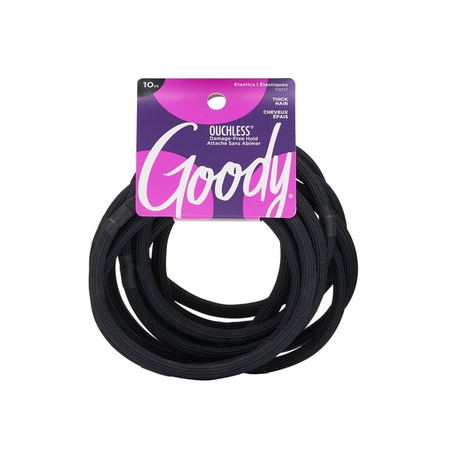 Goody Ouchless XL Hair Elastics for Thick Hair, Black, 10 Count
