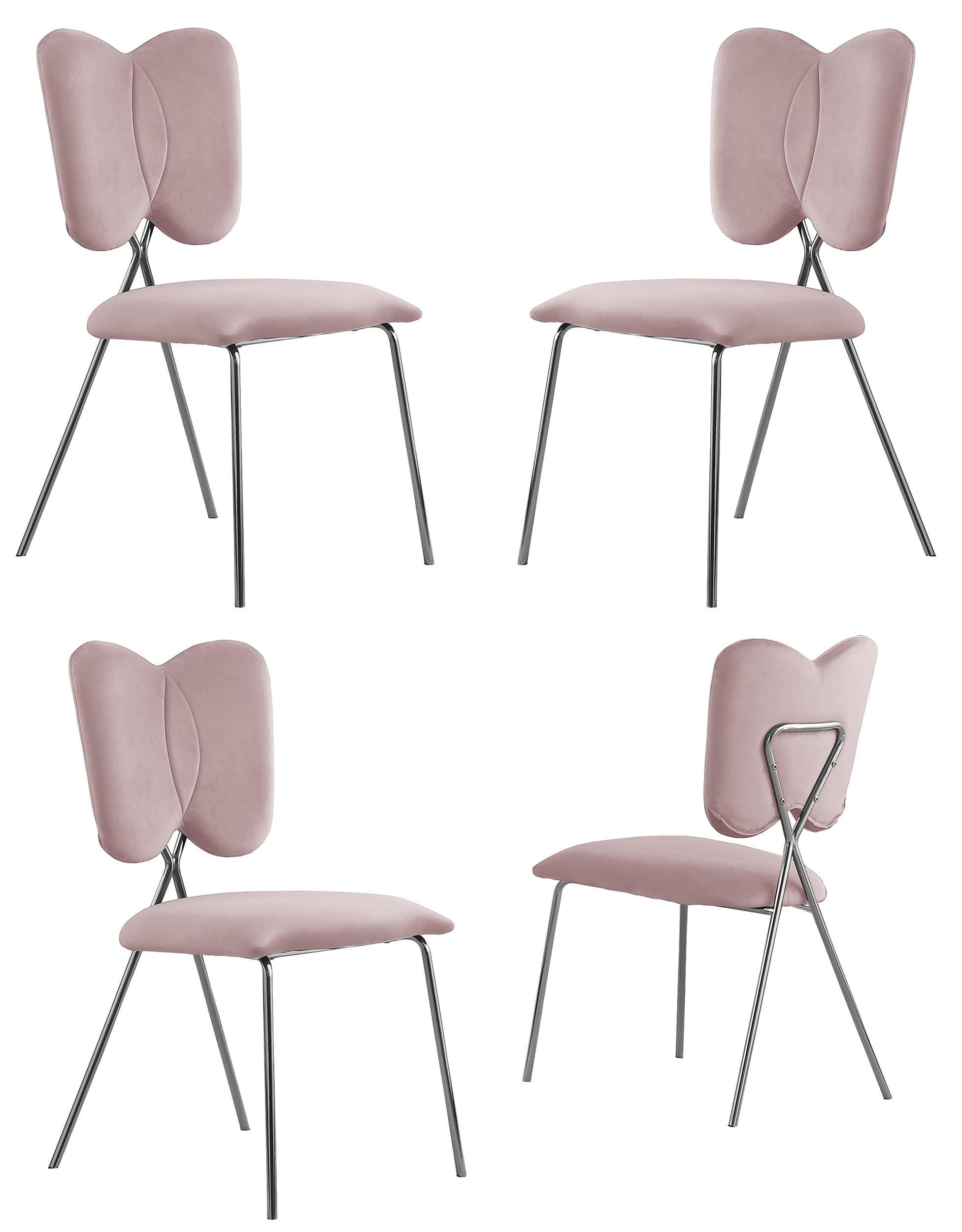Chaises Latérales Ailées avec Velours Rose et Base Chromée Argentée (Ensemble de 4)