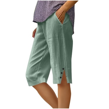 Lovzfmll Women's Linen Bermuda Shorts, Wide Leg Casual Pants with Side Slit & Button Front, Summer Shorts Mint Green, M