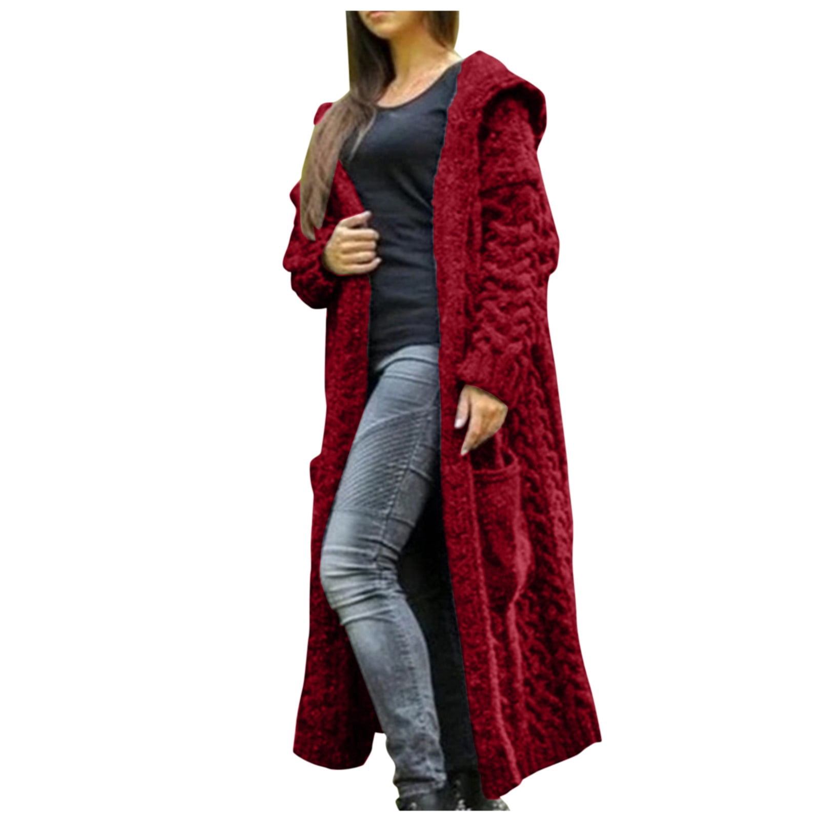 Cardigans Longs pour Femmes Hiver Uni Uni Tricoté Ample à Capuche Long Cardigan Chandail Manteau à Poches Rouge TG