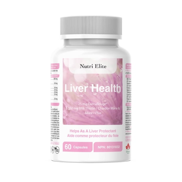 Nutri Elite Liver Support Formula with Milk Thistle & CurcuRouge® Turmeric – Antioxidant Herbal Detox Supplement, 60 Capsules | Made in Canada