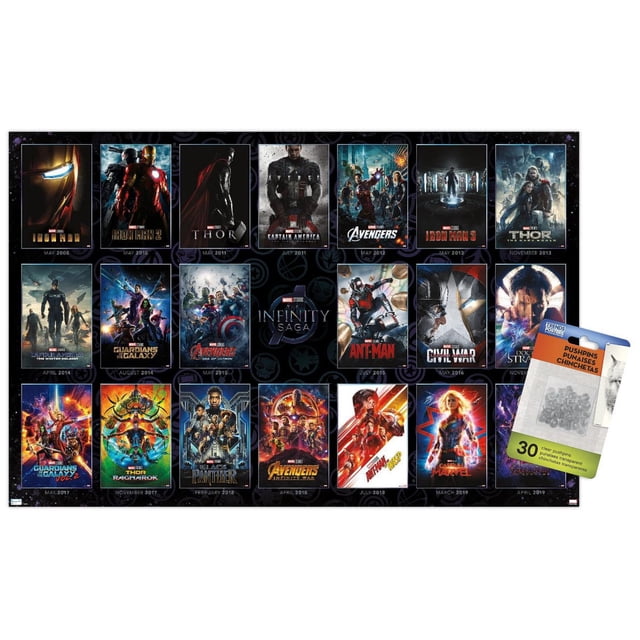 Marvel Avengers : la Saga de l'Infini - Affiche Murale à Grille d'Une Feuille, 22,375 Po x 34 Po Encadrée, Montrant une Grille de 22 Affiches de Films des Studios Marvel de Mai 2008 à Avril 2019 Incluant Iron Man, Thor, Captain America, Gardiens de la Galaxie, Ant-Man, Guerre Civile, Doctor Strange, Black Panther et Captain Marvel, sur un Fond Noir avec de Subtiles Icônes Marvel