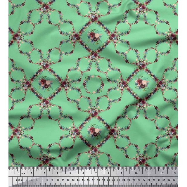Soimoi Green polyester Crepe Fabric Floral Wreath Geometric Printed Fabric 1 Yard 52 Inch Wide