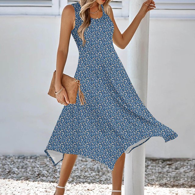 Ovzne Robes pour Femmes 2025 Robe Femme Imprimé Sans Manches Poche Ourlet Irrégulier Col Rond Robe Robe d'Été Imprimée Liquidation