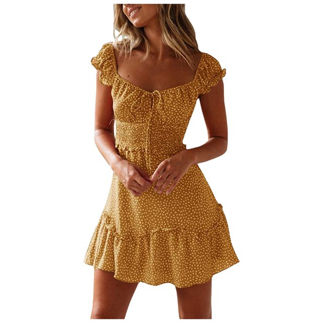 PVCS Women's Stitching Ruffled Floral Skirt Short-Sleeved Lace-up High-Waisted Dress