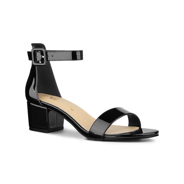 BLISSFUL STEP Chaussures pour femmes Sandales à talon bloc à bout ouvert avec bride de cheville Noir verni 6