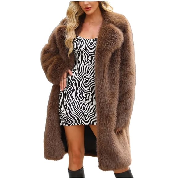 WRKEKC Women's Faux Fur Long Coat V-Neck Open Front Solid Color Elegant Winter Formal Wear Coffee S