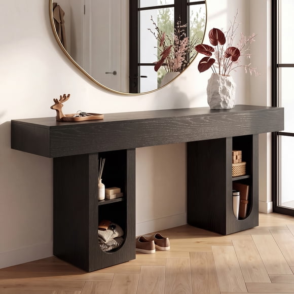OMCHOM Table Console de 63 Po avec Station de Recharge USB, Table d'Entrée Moderne en Bois pour derrière le Sofa, Étagères de Rangement Ouvertes pour Salon Hôtel Bureau Décor Haut de Gamme, Noir