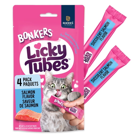 BONKERS Licky Tubes Salmon Flavoured Wet Lickable Treats for Cats, 48g Bag (4 pack)
