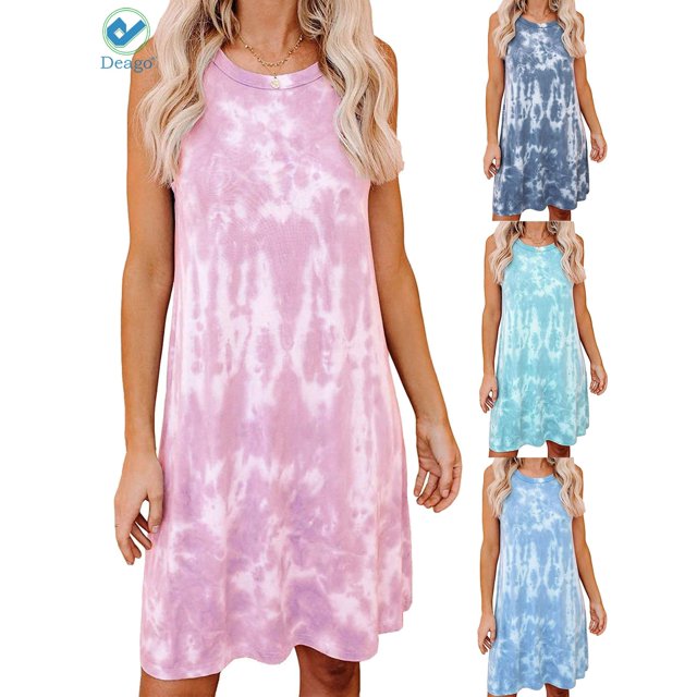Deago Robe Courte Décontractée Teinture sur Nœuds pour Femme, Col Rond, Sans Manches, T-Shirt Ample, Débardeur d'Été, Robe de Plage (Rose, G)