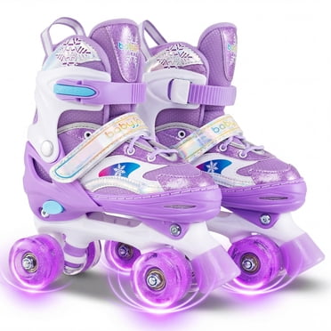 Gymax Patins à Roulettes pour Enfants 4 Tailles Réglables Patins Quad avec Roues Lumineuses pour 3 à 9 Ans Violet