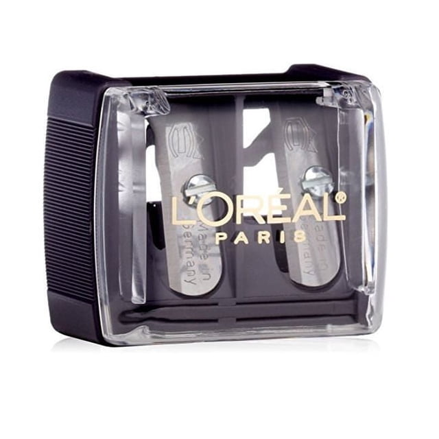 L'Oréal Paris Dual Sharpener Eye Liner with black plastic body and transparent cover, featuring two metal blades for sharpening traditional and jumbo cosmetic pencils, branded with the L'Oréal Paris logo in gold, ideal for precise makeup application.
