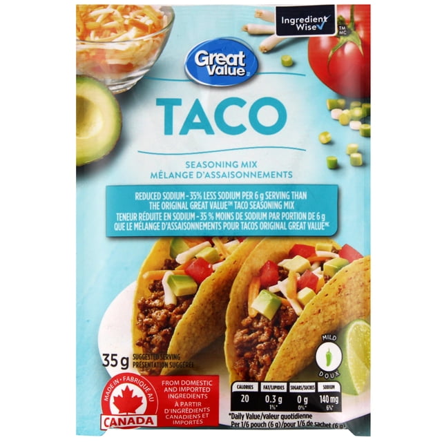 Great Value Low Sodium Mild Taco Seasoning Mix 35 g pouch with blue packaging showing two tacos filled with seasoned ground beef, diced tomatoes, avocado, and shredded cheese, highlighting 35% less sodium than original mix and Canadian origin.