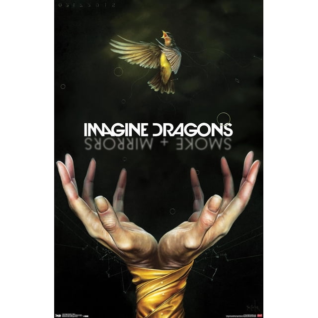 Imagine Dragons - Smoke Wall Poster, 22.375" x 34" showing two realistic hands wrapped in golden cloth with palms open upward beneath a detailed bird with spread wings and open beak on a dark background with subtle circular and linear patterns, suitable for wall art and room décor.