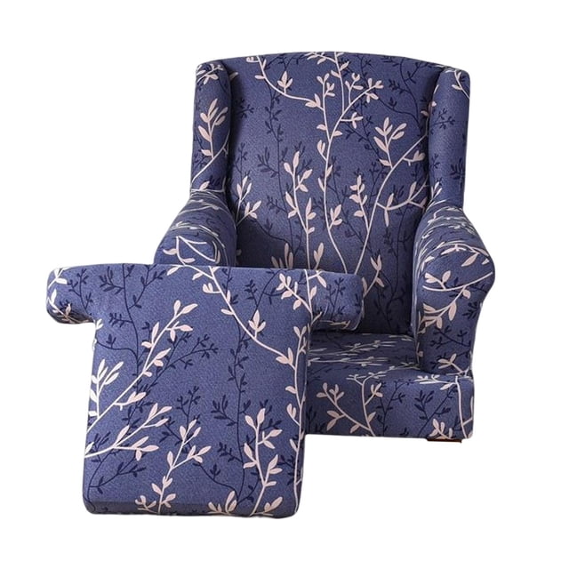 Stretch Wingback Chair Cover Washable Single Sofa Seat Cover for Bedroom Wedding. The image shows a wingback chair covered with a high-stretch polyester fabric slipcover featuring a blue base with a white and light grey botanical pattern. The set includes a separate seat cushion cover. Designed to fit wing chairs with dimensions of 26.77–31.50 inches in width, 31.50–36.22 inches in height, and 35.43–43.31 inches in depth. Provides full protection against stains, scratches, and wear, while offering a stylish update to furniture. Machine washable for easy care.