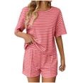 thumbnail image 1 of Tumotour Pajamas Set for Women 2 Piece PJ Sets Round Neck Short Sleeve with Elastic Waist Shorts Solid Color Striped Loungewear for Summer Sleepwear Causal Home Clothes Sleep Nightwear Outfits, 1 of 5