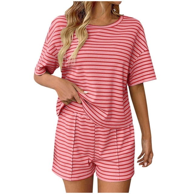 Tumotour Pajamas Set for Women 2 Piece PJ Sets Round Neck Short Sleeve with Elastic Waist Shorts Solid Color Striped Loungewear for Summer Sleepwear Causal Home Clothes Sleep Nightwear Outfits