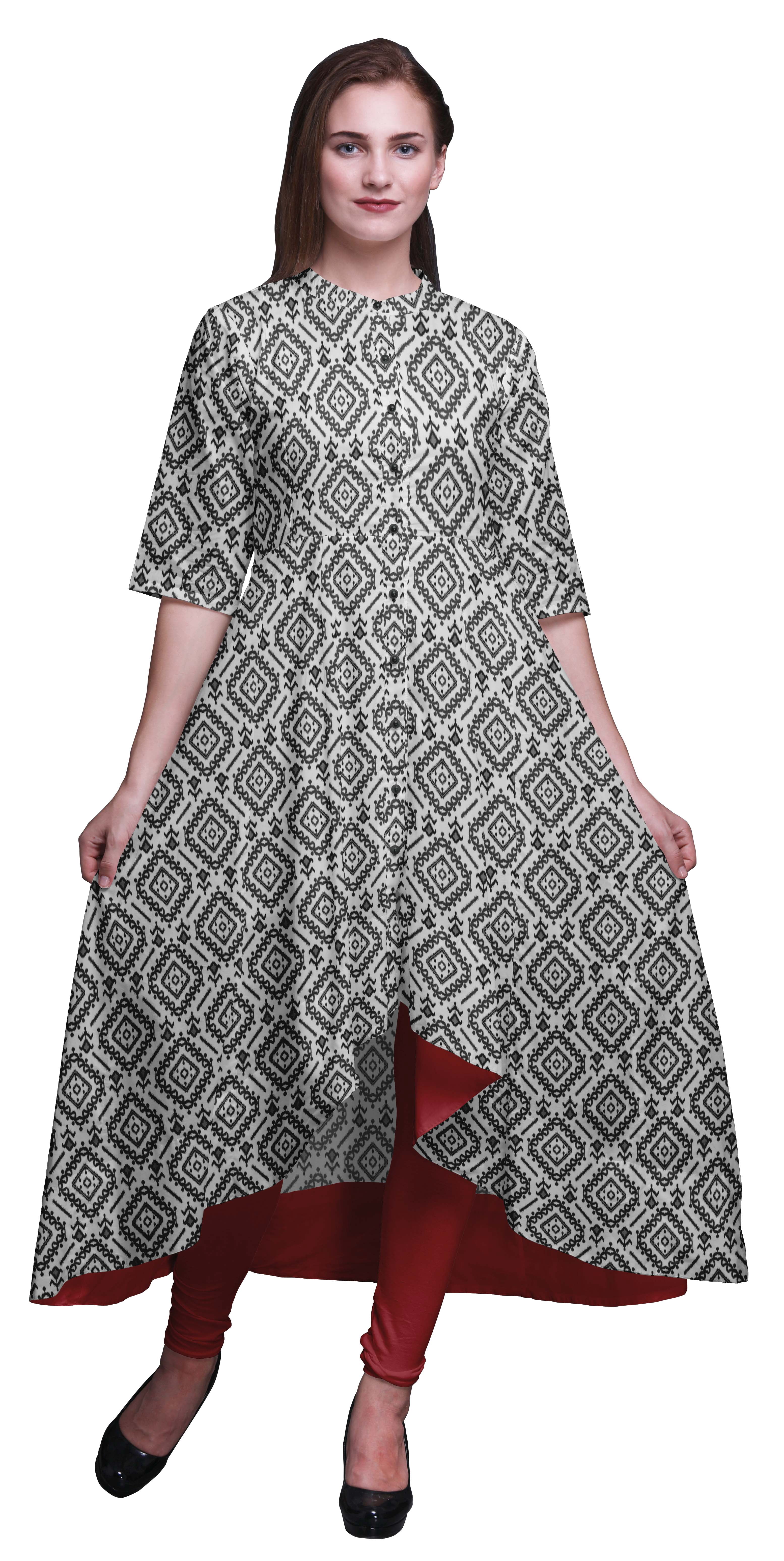 Bimba Robe Anarkali Imprimée Ikat Ethnique Noire pour Femmes, Col Mandarin, Kurtis Indiens, Kurta Asymétrique - Moyen
