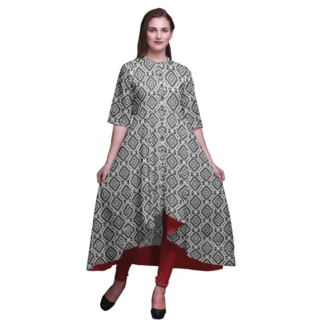 Bimba Robe Anarkali Imprimée Ikat Ethnique Noire pour Femmes, Col Mandarin, Kurtis Indiens, Kurta Asymétrique - Moyen