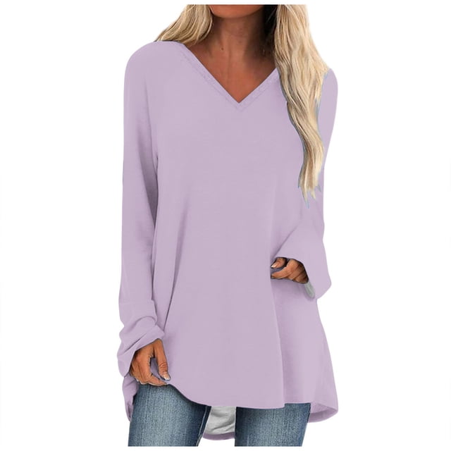 KIHOUT Spring Winter Womens Tops Solid Color T-shirt Long Sleeves Blouse V-Neck Casual Mid-Length Blouse Tops