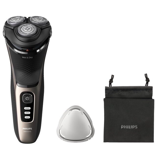 Philips Shaver Series 3200 Rotary Shaver, S3242/12 with three 5D pivoting rotary heads and self-sharpening blades in a black and bronze ergonomic handle featuring power and LED indicators, accompanied by a white protective cap and a black Philips drawstring pouch, designed for wet and dry use.