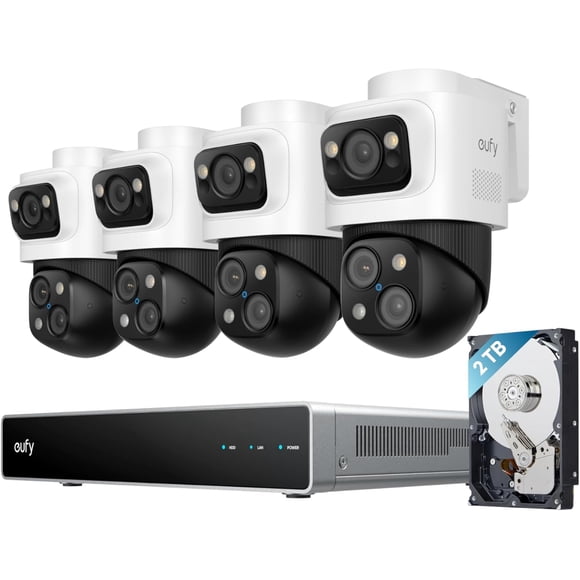 eufy Système de Caméra de Sécurité Extérieur 4K NVR S4 Max, Filaire PoE, Caméra Bullet-PTZ à Triple Objectif 16 MP, PTZ 360°, Zoom Auto 8x, Suivi Croix-Caméra, Enregistrement 24/7, HDD 2 To, Blanc