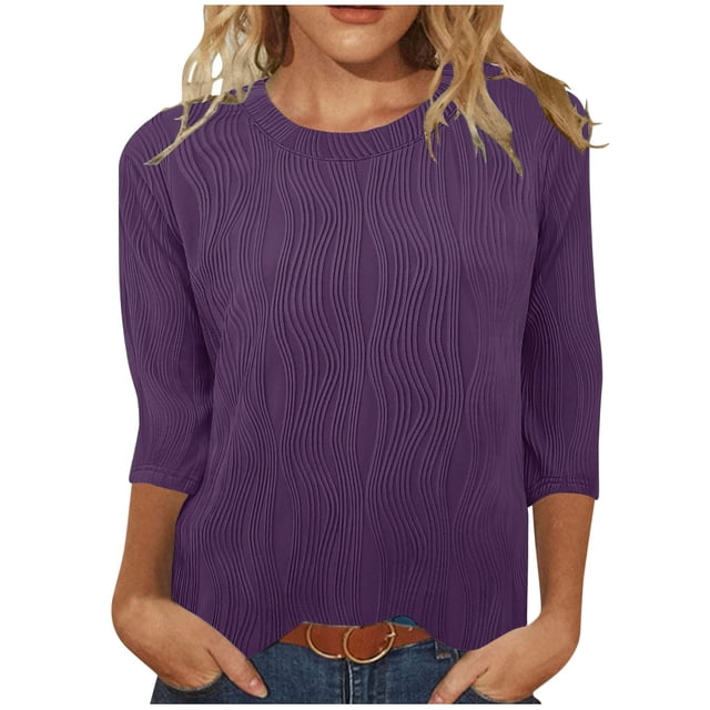 FAIWAD Hauts Texturés pour Femmes, blouse d'Été Unie et Violette avec Col Ras du Cou Décontracté, Manches 3/4 et Motif Texturé Ondulé. Parfait pour Agencer avec des jeans Ou des Bas Décontractés, Idéal pour le Quotidien.