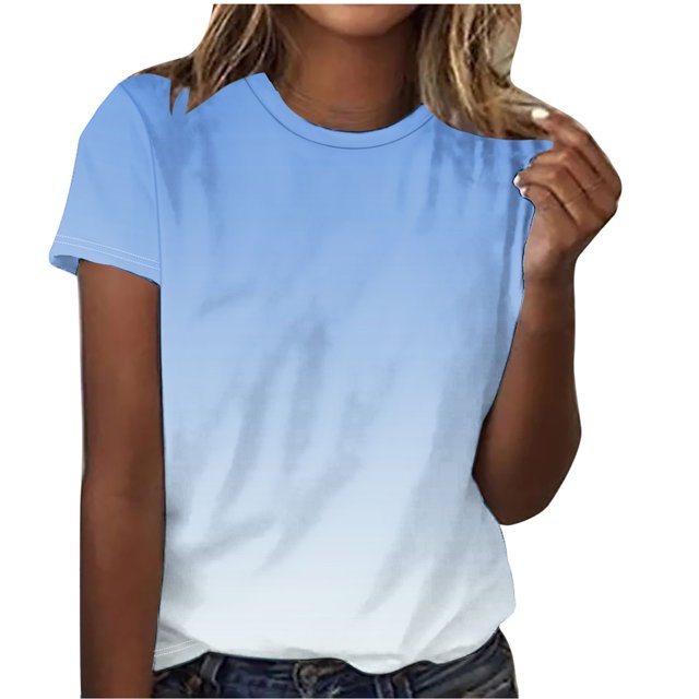 Timegard Hauts d'Été pour Femmes Col Rond Manches Courtes Couleur Dégradée Blouse Confortable Décontractée Ample Hauts