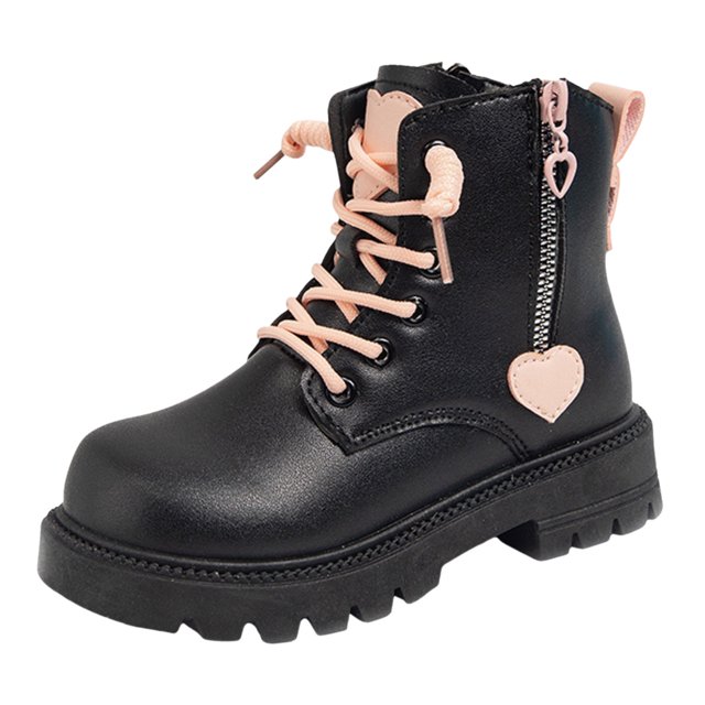 Liyamei Children's Winter Leather Lace Up Stylish Color Matching Side Zipper Boots Black 10-10.5 Years