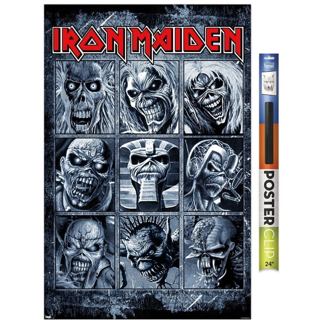 Iron Maiden - Affiche Murale à Carreaux, 22,375 Po x 34 Po Mettant en Vedette Neuf Panneaux Noirs et Blancs de la Mascotte d'Eddie du Groupe avec Divers Motifs à Thème Horrifique, Arrangés en Grille avec un Fond Texturé Bleu Foncé et le logo Iron Maiden Rouge en Haut, Convient aux Oeuvres Murales à Thème Musical dans les Chambres, Bureaux Ou Dortoirs.