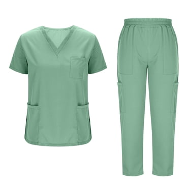 yoeyez Womens Scrub Sets Petite Length,Womens Modern V Neck Scrub Top andjogger Pant With Multi Pocket for Nurse Workwear Green