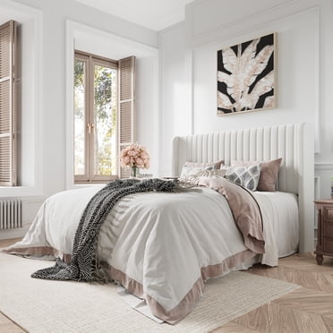Amolife Lit Grand en Velours Rembourré avec Tête de Lit à Ailes, Blanc Cassé